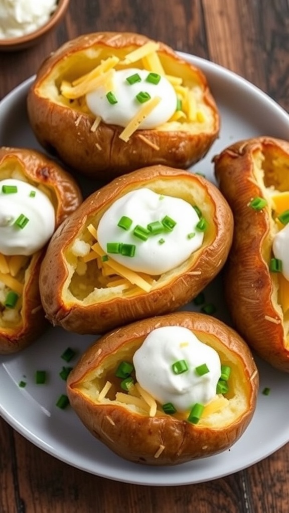 Jumbo baked potatoes topped with sour cream, cheese, and chives on a rustic wooden table.